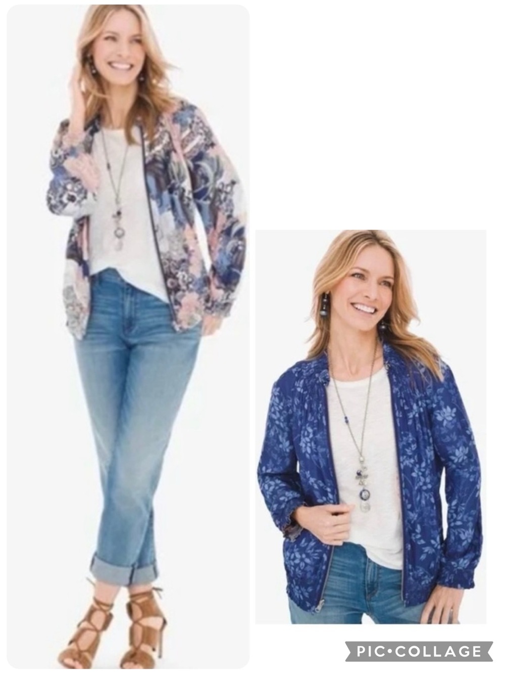 Chico’s Blue Floral Jacket Bomber Satin Reversible Shirred S Spring Lightweight